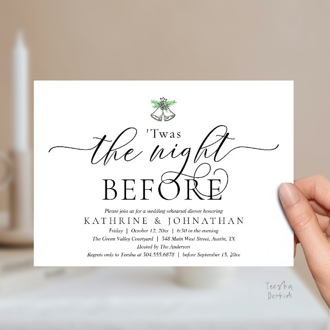 Das Abendessen vor der modernen Probe Einladung ('Twas The Night Before Modern Romantic Wedding Rehearsal Dinner Invitation Card PDF Black White)