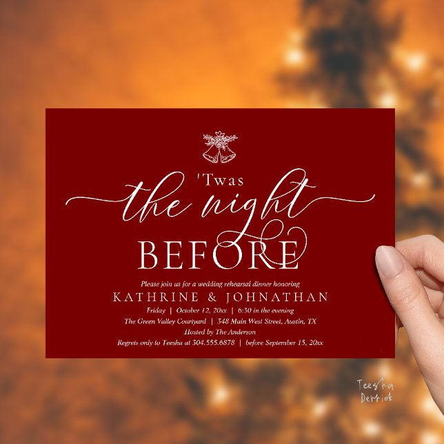 Das Abendessen vor der modernen Probe Einladung ('Twas The Night Before Modern Romantic Wedding Rehearsal Dinner Invites Card PDF Burgundy Wine Red)