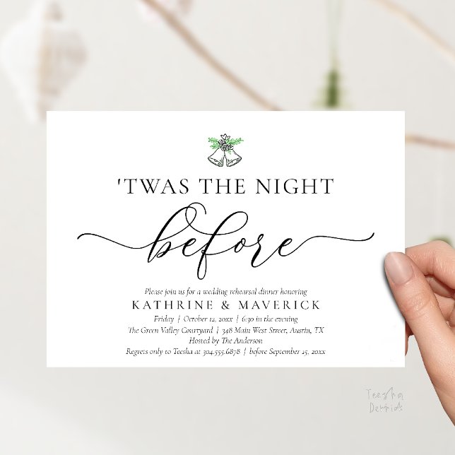 Das Abendessen vor klassischer Probe Einladung ('Twas The Night Before Modern Romantic Wedding Rehearsal Dinner Invitation Card PDF Black White)
