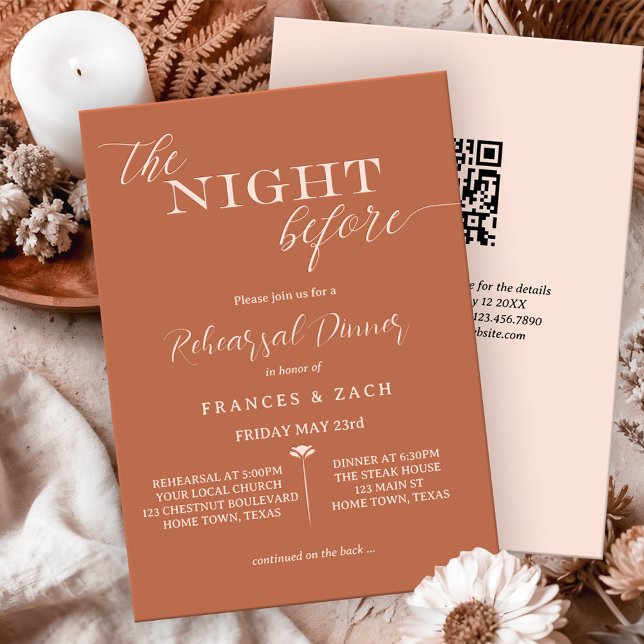 Das Abendessen vor QR-Code-Probe Einladung (Modern rehearsal dinner invitation with a scripted text image "The Night Before")
