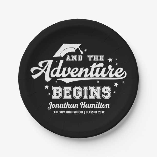 Das Abenteuer beginnt mit der Black Graduation Par Pappteller (Vorderseite)
