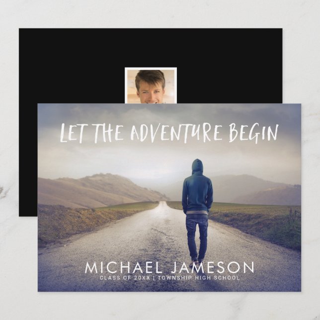 Das Abenteuer beginnt mit der Foto Graduation Part Einladung (Vorne/Hinten)