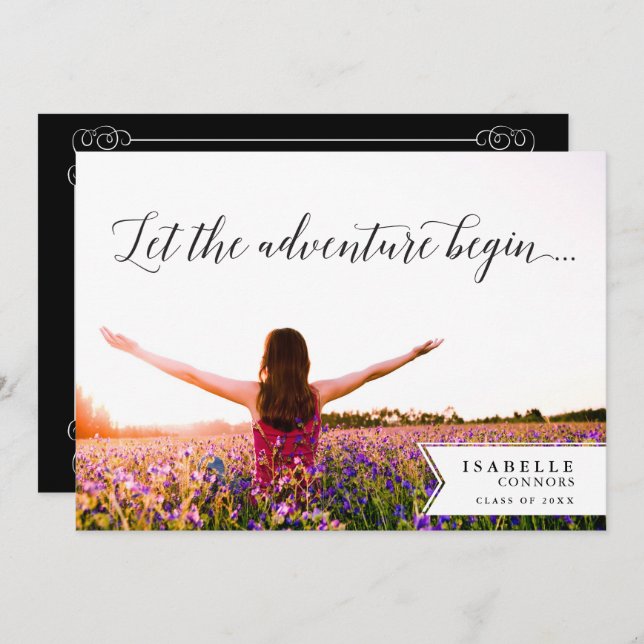 Das Abenteuer beginnt mit der Foto Graduation Part Einladung (Vorne/Hinten)