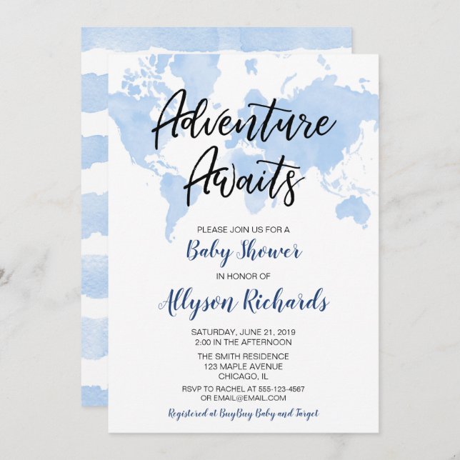 Das Abenteuer der Weltkarte erwartet die Baby-Dusc Einladung (Vorne/Hinten)