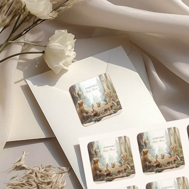 Das Abenteuer erwartet die Woodland Baby Dusche Quadratischer Aufkleber (Von Creator hochgeladen)