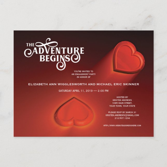 Das Abenteuer fängt an, zwei Herz rote Postkarte (Vorderseite)