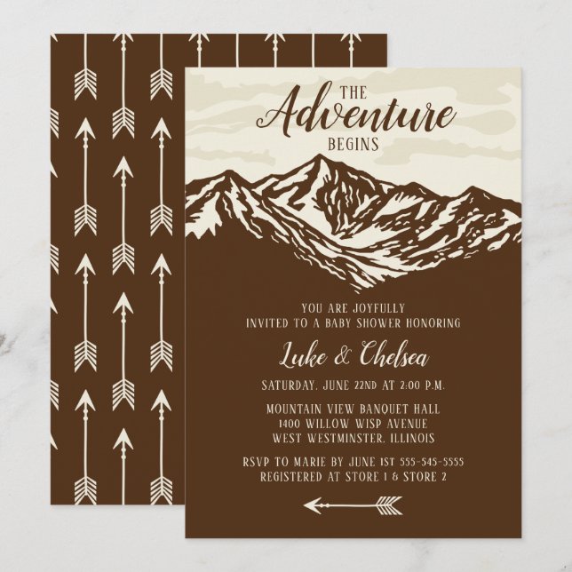 Das Abenteuer fängt Gebirgsrustikale Babyparty an Einladung (Vorne/Hinten)