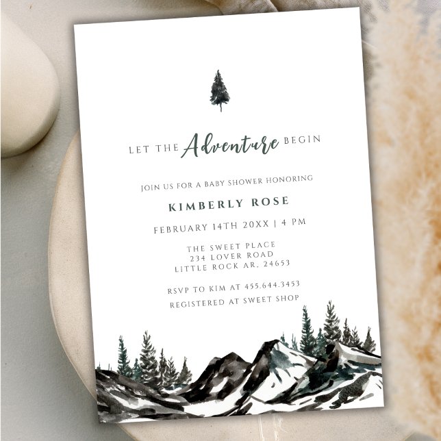 Das Abenteuer fängt mit der Mountain Forest Baby-D Einladung (The Adventure Begin Mountain Forest Baby Shower Invitation)