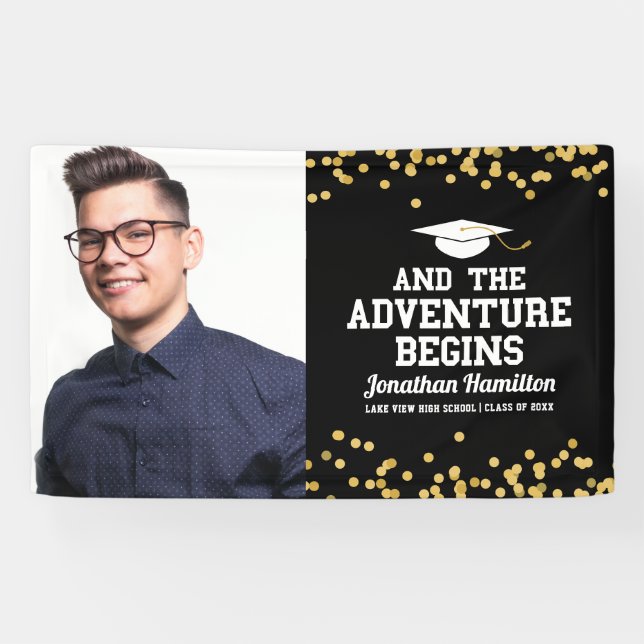 Das Adventure fängt das Black Gold Grad Party Foto Banner (Horizontal)