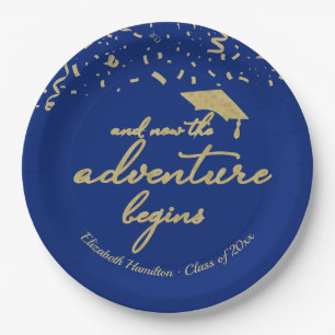 Das Adventure fängt Gold Foil Blue Grad Party an Pappteller