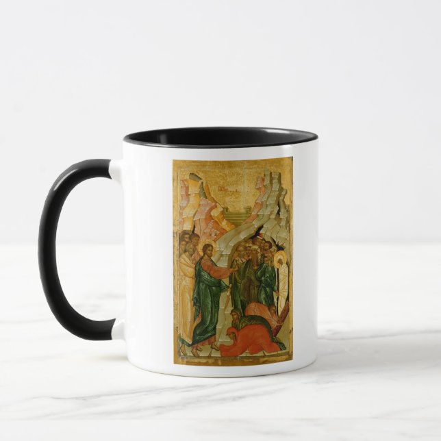 Das Anheben von Lazarus, russische Ikone Tasse (Links)