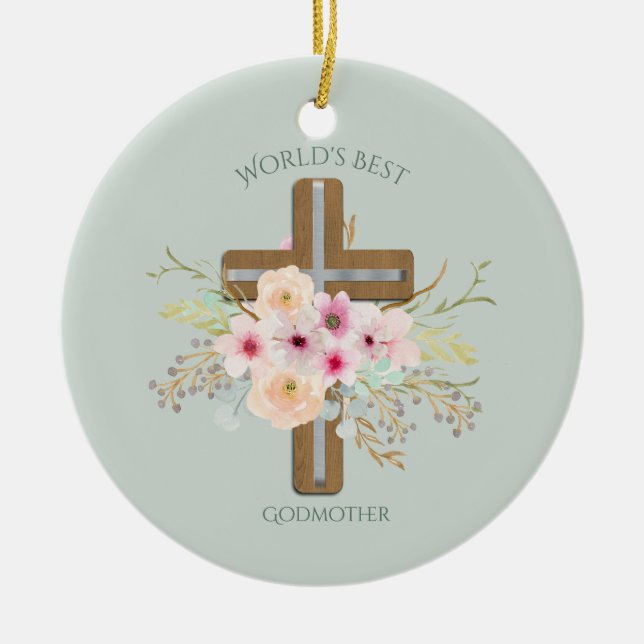 Das beste Geschenk der GODMOTHER-Welt - Blumenkreu Keramik Ornament (Vorne)