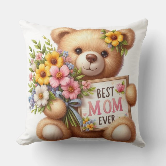 Das "Beste Mama aller Zeiten" Teddy Throw Kissen (Vorderseite)