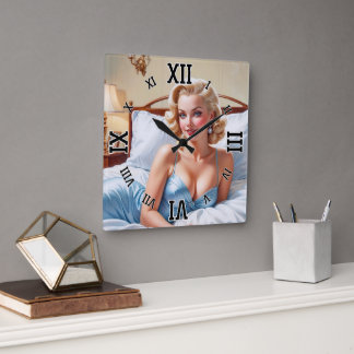 Das Bett ist nur eine schöne AI Konzept Kunst von  Quadratische Wanduhr