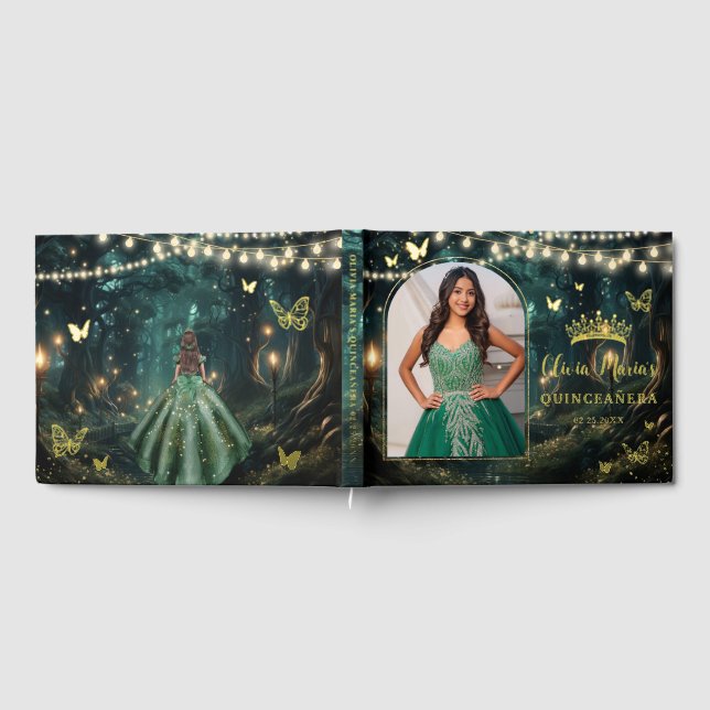 Das bezaubernde Forest Emerald Gold Quinceañera Fo Gästebuch (Voll)