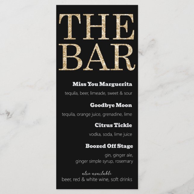 Das Black and Gold Glitzer Drink Menu für den Bar Menükarte (Vorderseite)