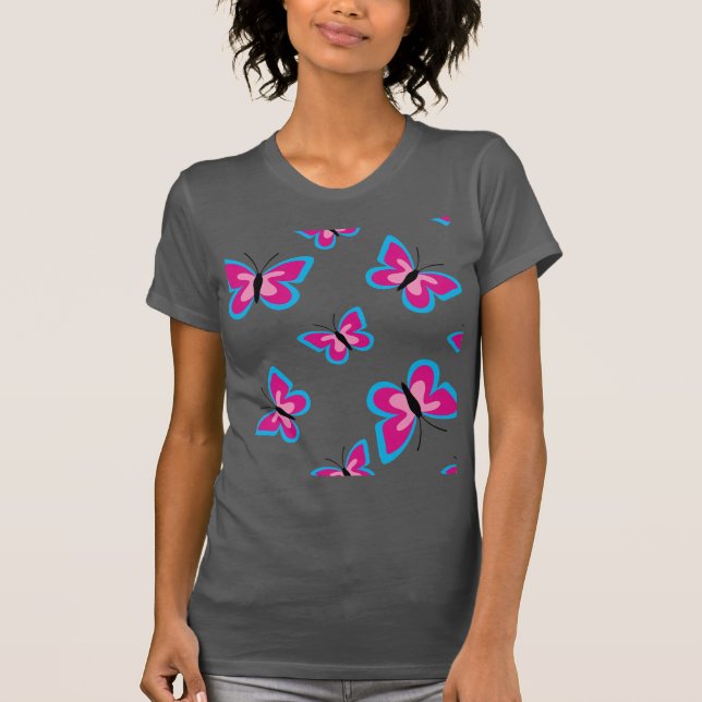 Das blaue Grenz-rosa Schmetterlingsmuster T-Shirt (Vorderseite)