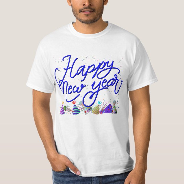 Das blaue "Happy New Year"-Party T-Shirt (Vorderseite)