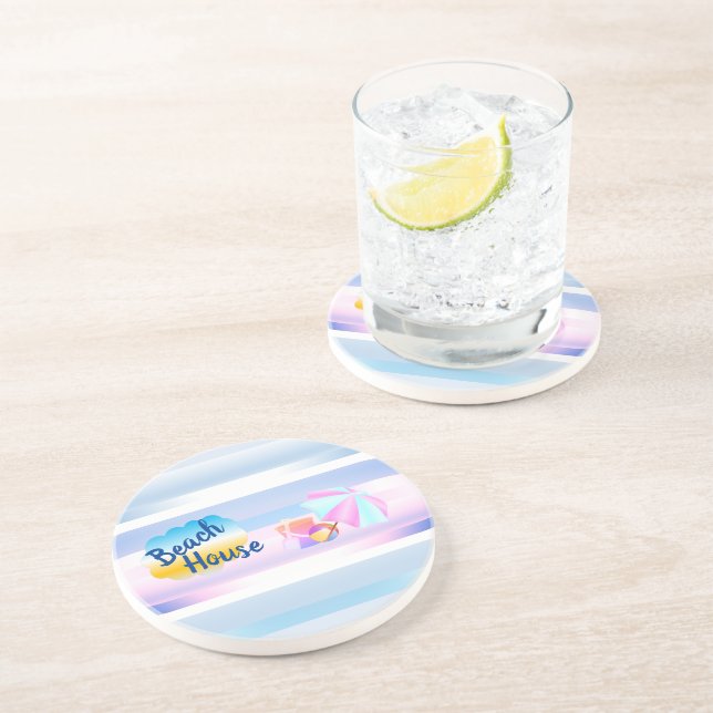 Das Blue and Pink Beach House Sandstone Untersetze Getränkeuntersetzer (Seite)