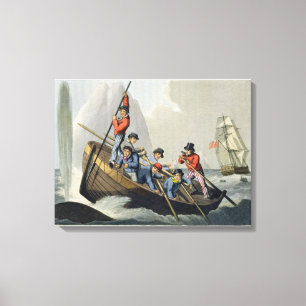 Das Boot eines Schiffs, das einen Wal, graviert Leinwanddruck