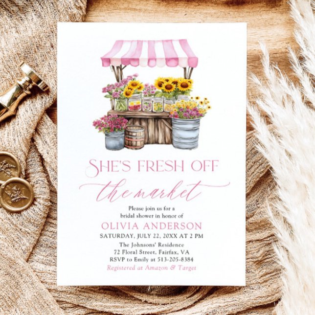 Das Brautparty des Marktes für die Bauern frisch v Einladung (Modern Watercolor Pink Gingham Fresh Off The Market Farmers Market Bridal Shower Invitation)