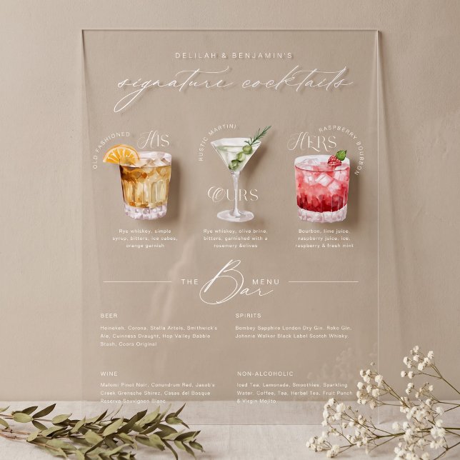 Das Cocktailmenü der Unterschrift "Uurs & Hure Wat Acrylschild (His Ours & Hers Watercolor Signature Cocktail Menu Acrylic Sign)