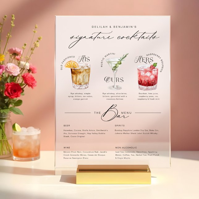 Das Cocktailmenü der Unterschrift "Uurs & Hure Wat Acrylschild (His Ours & Hers Watercolor Signature Cocktail Menu Acrylic Sign)