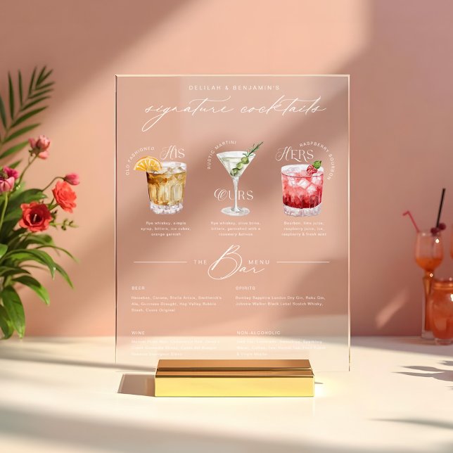 Das Cocktailmenü der Unterschrift "Uurs & Hure Wat Acrylschild (His Ours & Hers Watercolor Signature Cocktail Menu Acrylic Sign)