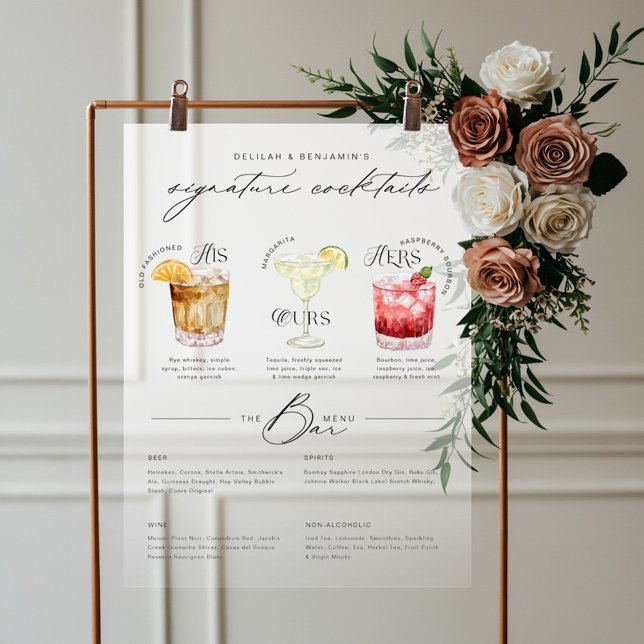 Das Cocktailmenü der Unterschrift "Uurs & Hure Wat Acrylschild (His Ours & Hers Watercolor Signature Cocktail Menu Acrylic Sign)