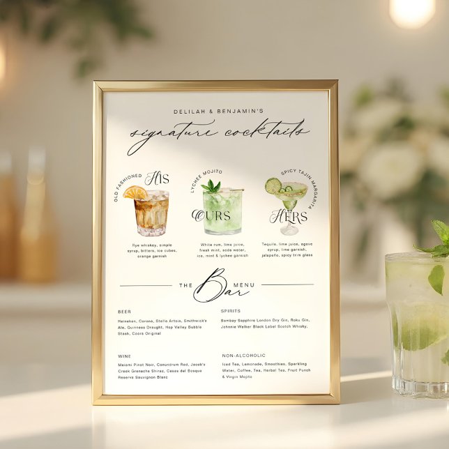 Das Cocktailmenü der Unterschrift "Uurs & Hure Wat Poster (His Ours & Hers Watercolor Signature Cocktail Menu Poster)