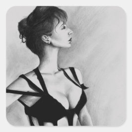Das Dame Sexy Woman Black Dress Portrait Art Quadratischer Aufkleber