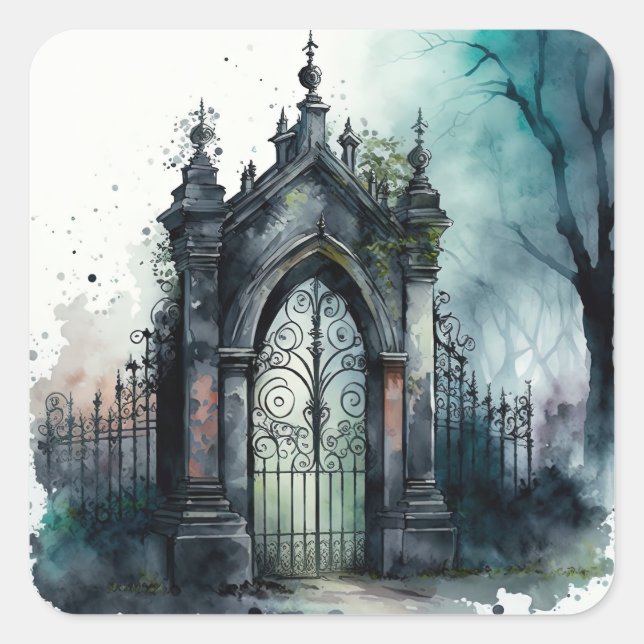 Das Design der gotischen Friedhof Gate Serie 11 Quadratischer Aufkleber (Vorderseite)
