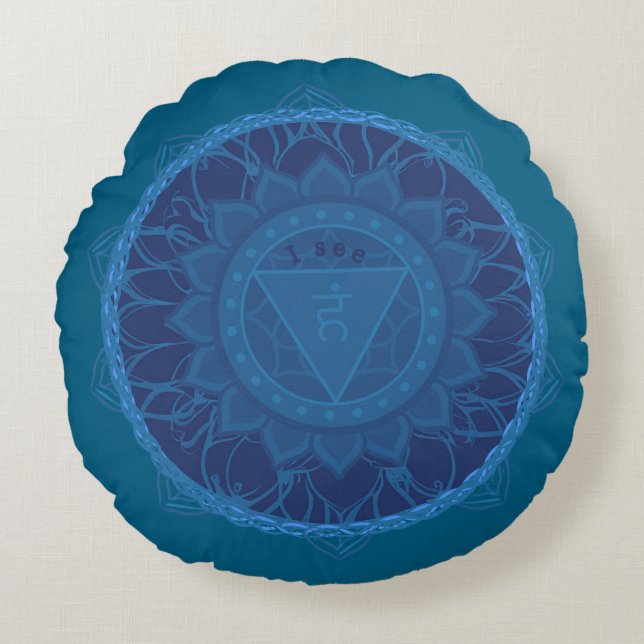 Das dritte Auge Chakra Mandala Ajna Blue Rundes Kissen (Vorderseite)