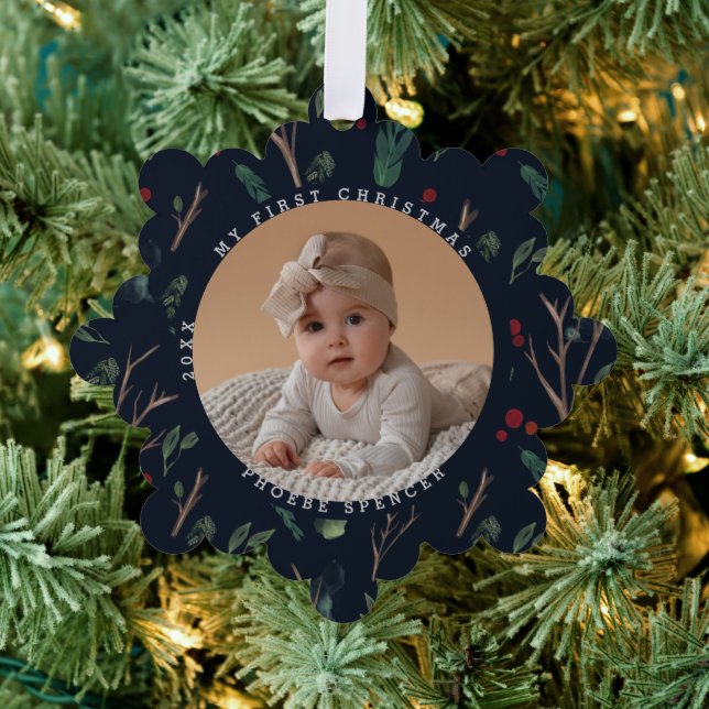 Das einfache botanische Baby's First Christmas Fot Ornament Karte (Insitu (Baum))