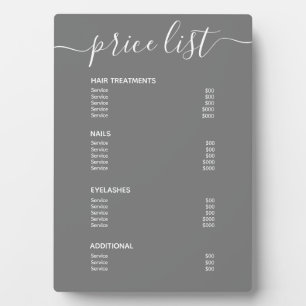 Das einfache, moderne graue Salon-Preislisten-Menü Fotoplatte