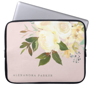 Das Elfenbein-Aquarell, das erröten mit Blumen is Laptopschutzhülle