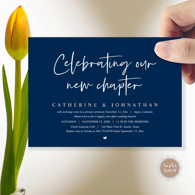 Das Elopement Brunch feiert unser neues Kapitel Einladung (Celebrating Our New Chapter, Elopement Brunch/ Dinner / Party Invitation Card, in Classy Navy Blue)