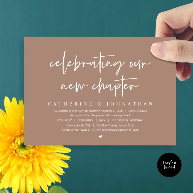 Das Elopement Brunch feiert unser neues Kapitel Einladung (Celebrating Our New Chapter, Wedding Elopement Brunch Invitation Card, PDF, in Taupe)