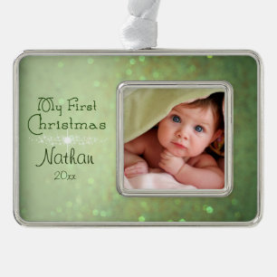 Das erste Weihnachten des grünen funkelnd Babys Rahmen-Ornament Silber