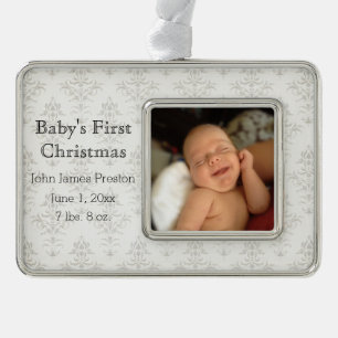 Das erste Weihnachten des silbernen Damast-Babys Rahmen-Ornament Silber