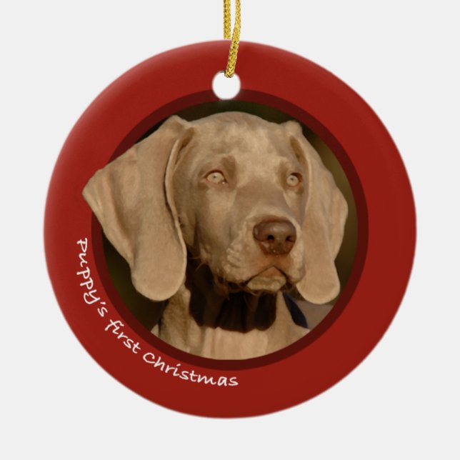 Das erste Weihnachten des Welpen (Weimaraner) Keramik Ornament (Vorne)
