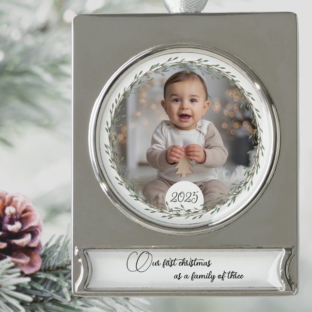 Das erste Weihnachtsbaby Foto in Rosa und Blau Banner-Ornament Silber (Von Creator hochgeladen)