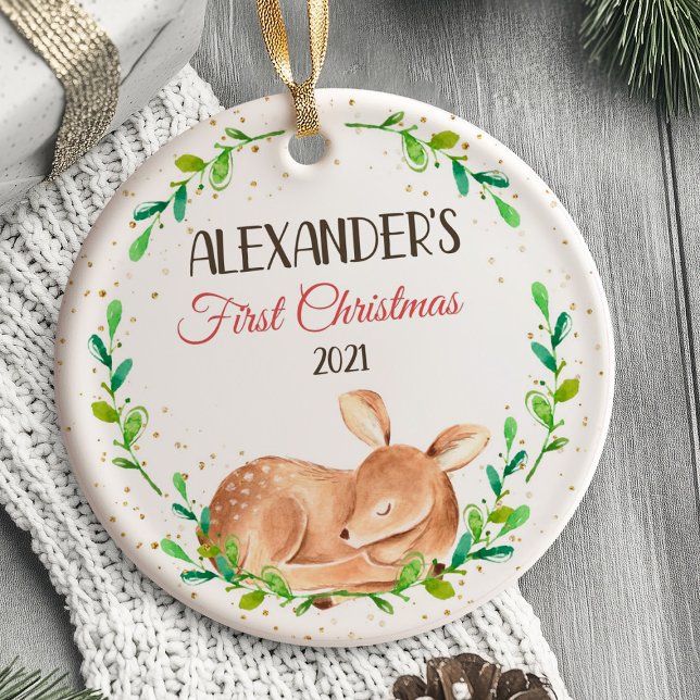 Das erste Weihnachtsbaumwald des Babys Keramik Ornament (Baby's First Christmas Ornament Woodland animals)