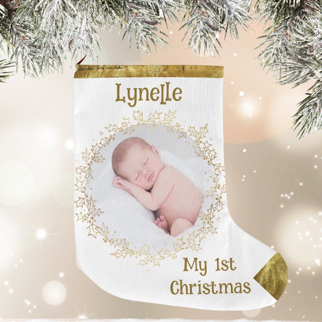 Das erste Weihnachtsfest des Babys, Foto, Name, Go Großer Weihnachtsstrumpf (Baby's First Christmas, Photo, Name, Gold, White Large Christmas Stocking)