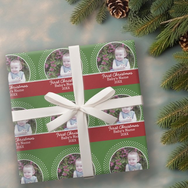 Das erste Weihnachtsfest des Babys - Rot und Grün Geschenkpapier (Personalized Wrapping paper - 1 Photo)