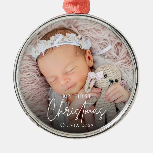 Das erste Weihnachtsfest des modernen Babys Foto K Ornament Aus Metall (Vorne)