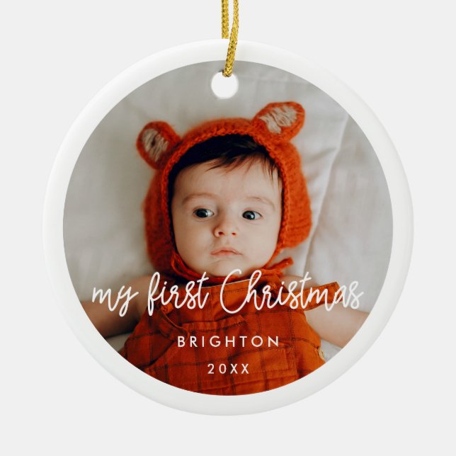 Das erste Weihnachtsfest im modernen Baby-Foto Keramik Ornament (Vorne)