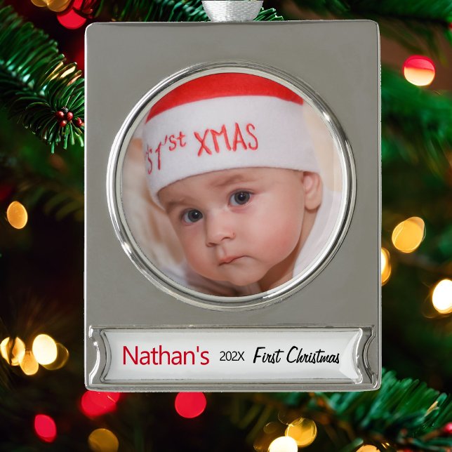 Das erste Weihnachtsfoto-Template-Jahr des Babys Banner-Ornament Silber (Von Creator hochgeladen)