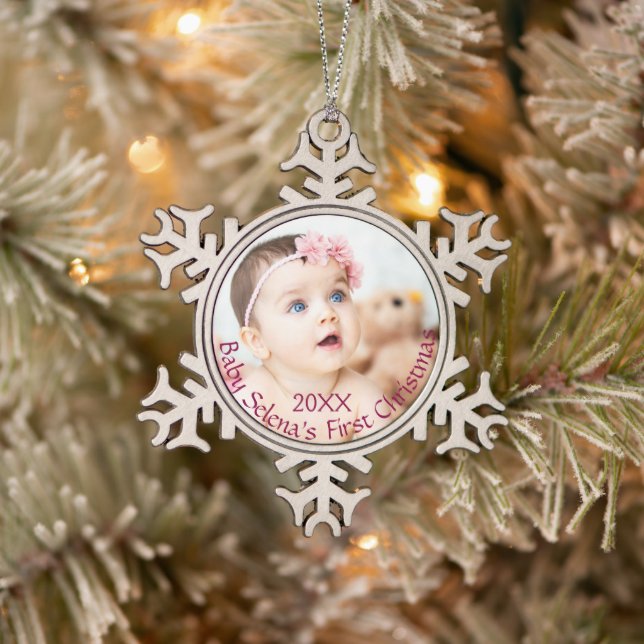 Das erste Weihnachtsgeschmuck eines Babys Schneeflocken Zinn-Ornament (Baum)