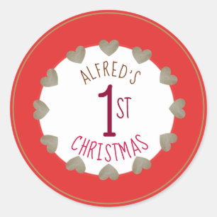 Das erste Weihnachtsherz des Babys in Rot und Gold Runder Aufkleber